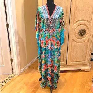NWT La Moda Tropical Cover Up Caftan Garden Maxi Dress w/ Embellishments One Sz